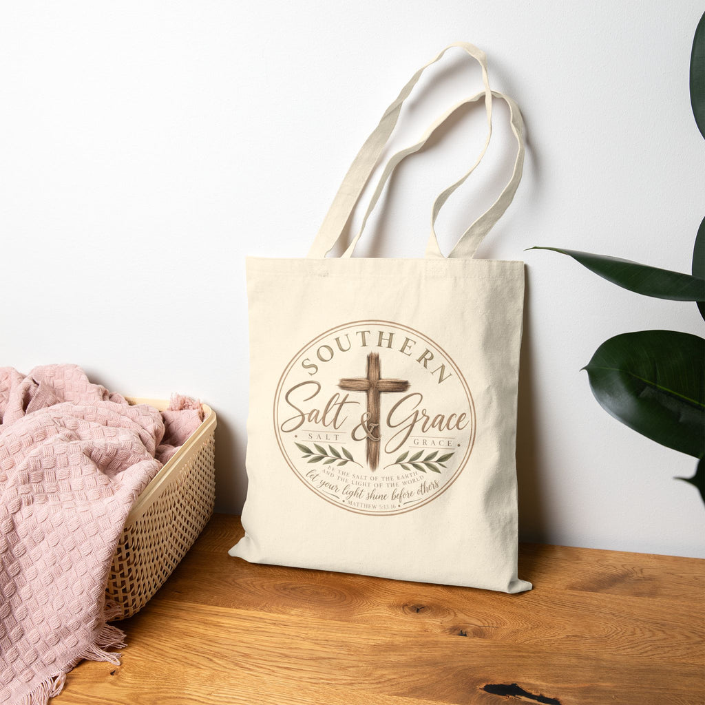 Southern Salt & Grace Canvas Tote — Christian Cross Farmhouse Grocery Bag