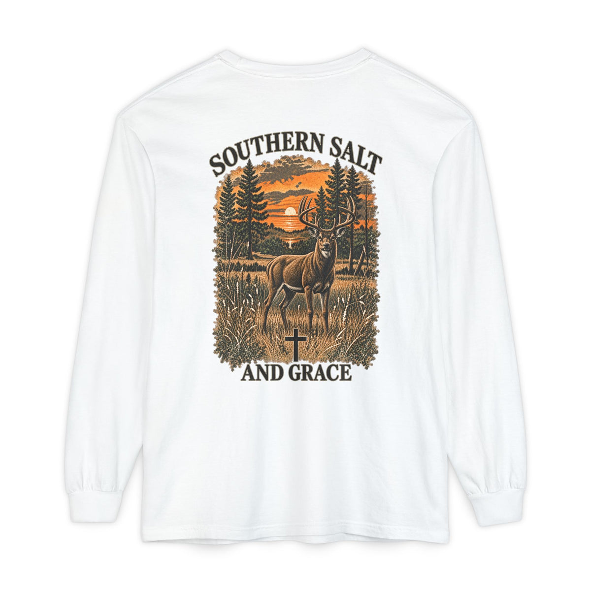 Long Sleeve T‑Shirt — 'Southern Salt and Grace' Deer Sunset Graphic