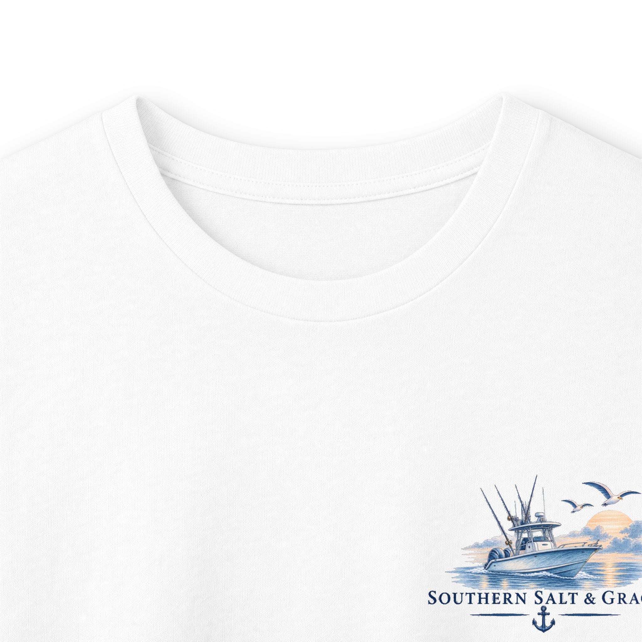 Long Sleeve Tee — 'Southern Salt & Grace' Fishing Boat Graphic