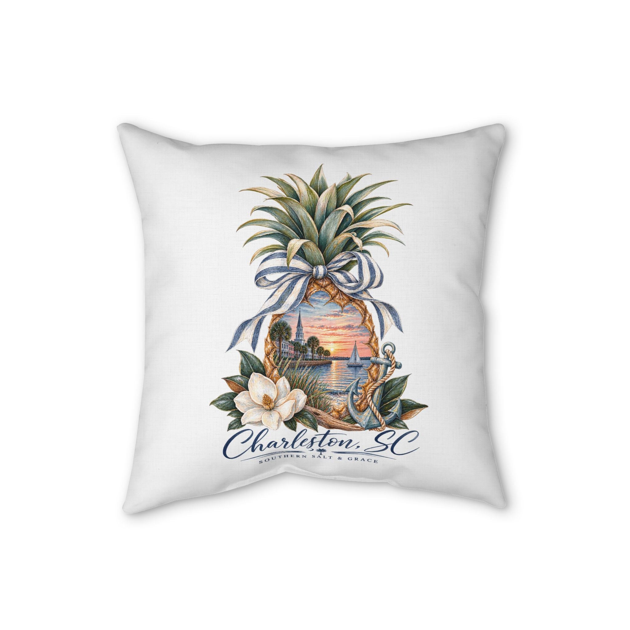 Charleston SC Pineapple Coastal Pillow – Faux Linen Decorative Throw Pillow