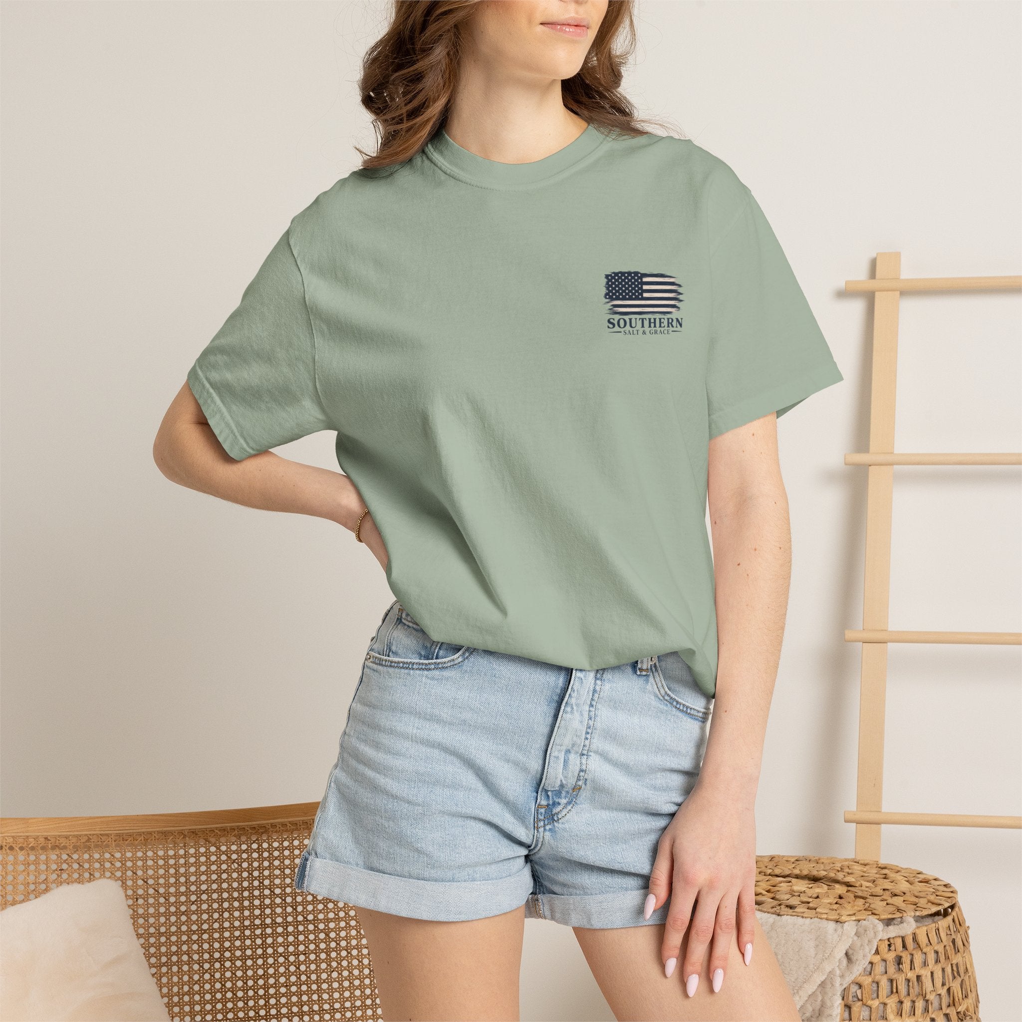T-Shirt — 'Southern Salt & Grace' Distressed Flag Chest & Back Print