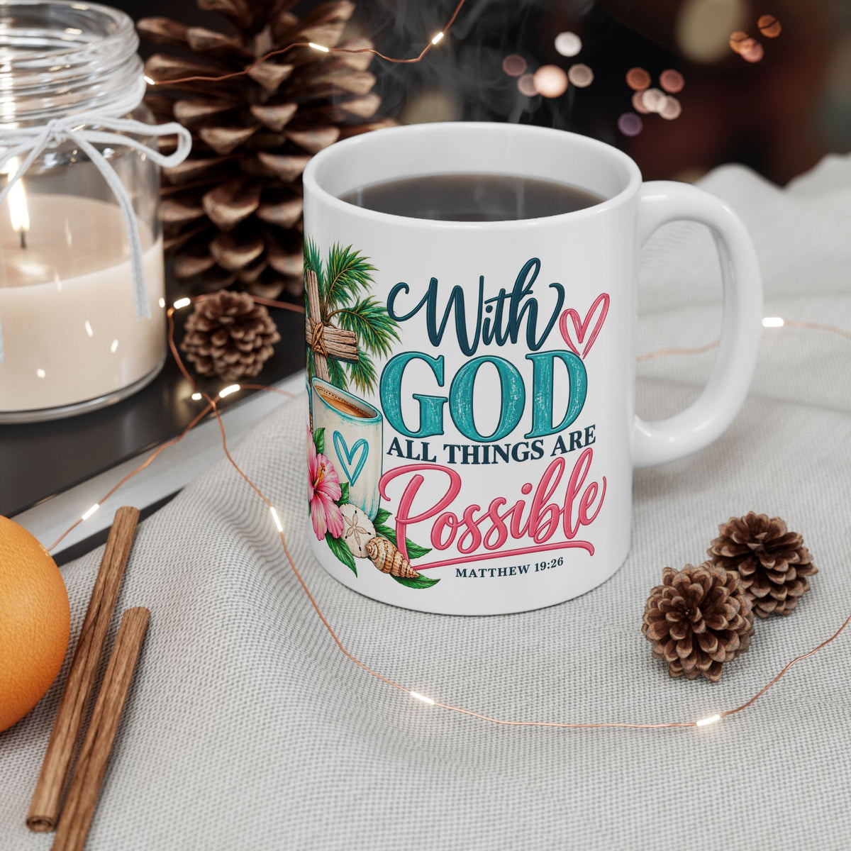 Christian Inspirational Mug — “With God All Things Are Possible” Tropical Faith Coffee Cup (11oz/15oz)