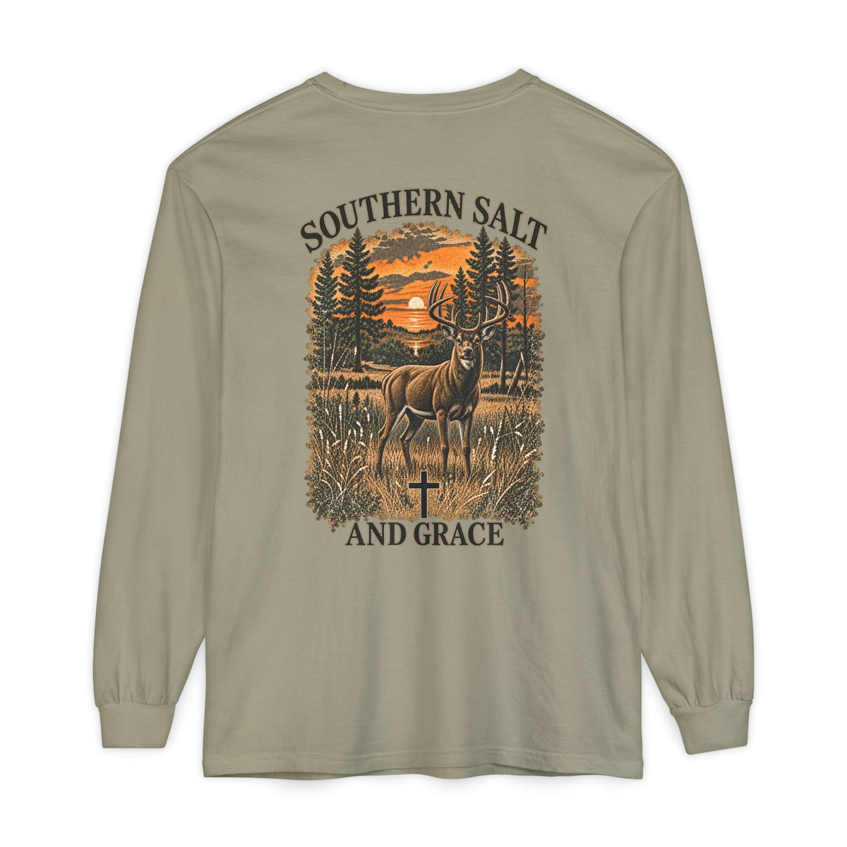 Long Sleeve T‑Shirt — 'Southern Salt and Grace' Deer Sunset Graphic