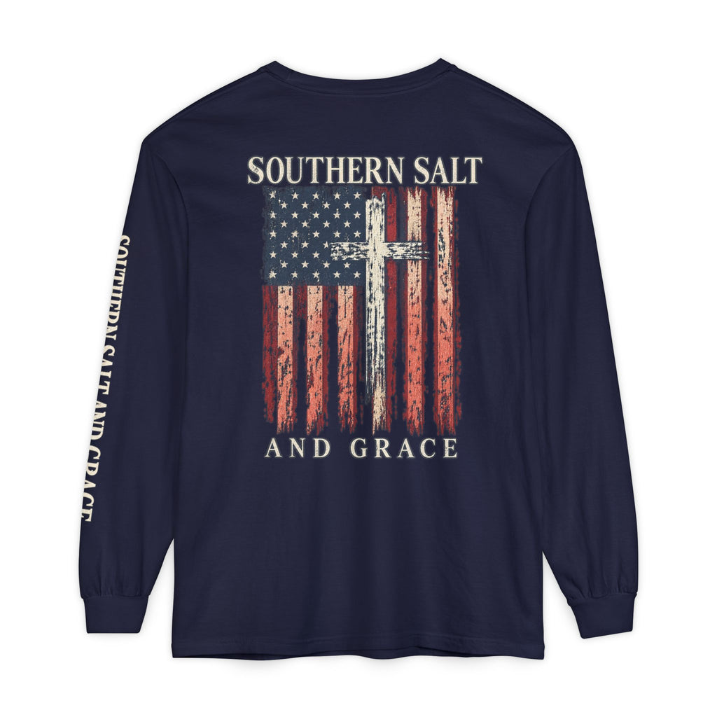 Southern Salt and Grace Long Sleeve T‑Shirt — Distressed American Flag & Cross