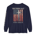 Southern Salt and Grace Long Sleeve T‑Shirt — Distressed American Flag & Cross