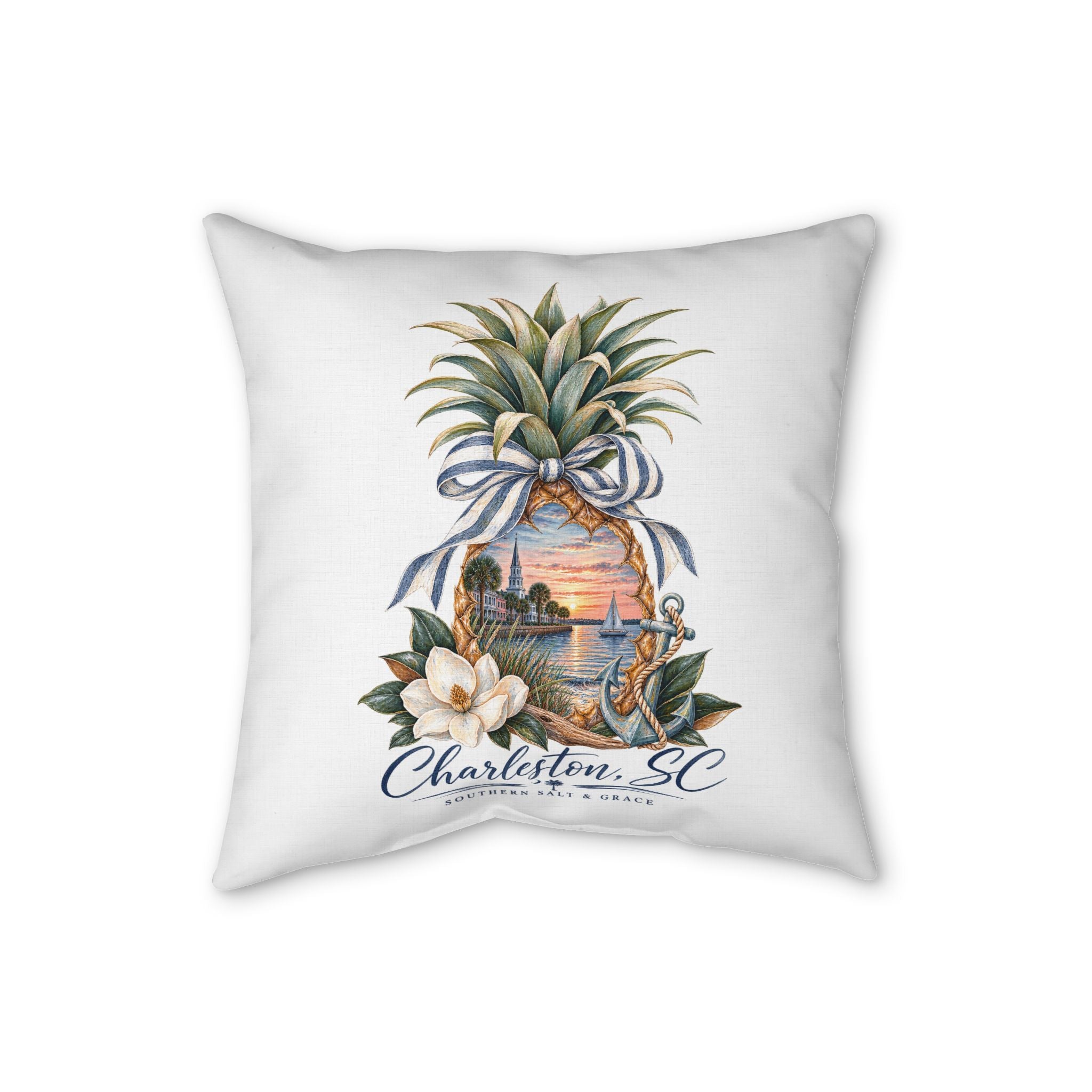 Charleston SC Pineapple Coastal Pillow – Faux Linen Decorative Throw Pillow