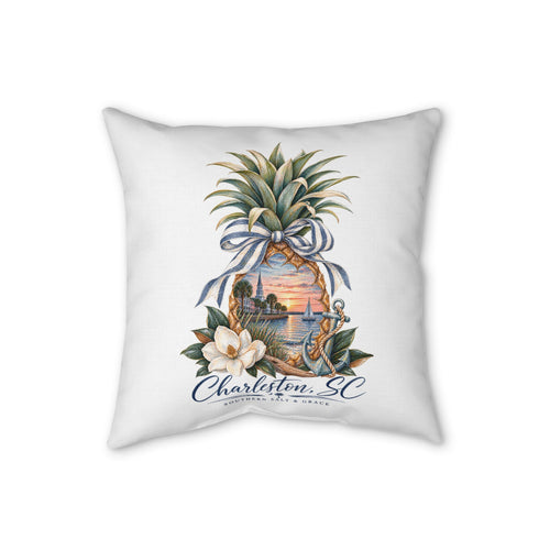 Charleston SC Pineapple Coastal Pillow – Faux Linen Decorative Throw Pillow