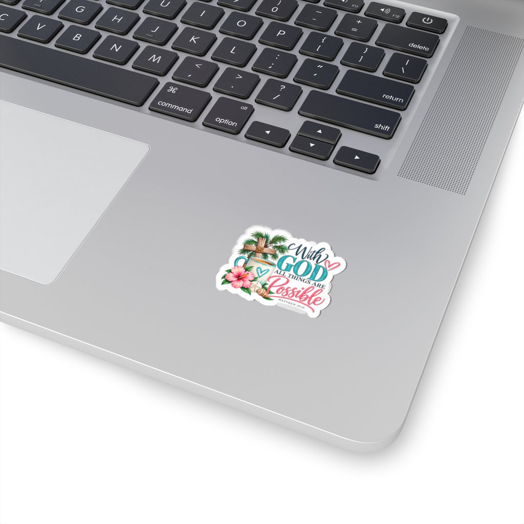 With God All Things Are Possible Christian Sticker — Tropical Cross Kiss-Cut Sticker