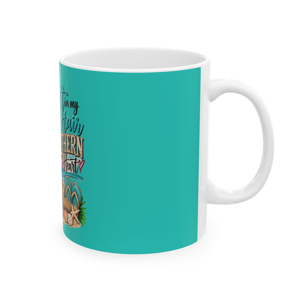 Southern in My Heart Beach Mug — Tropical Palm, Flip-Flops & Sunset Ceramic Coffee Cup (11oz/15oz)