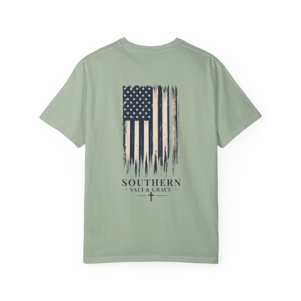 T-Shirt — 'Southern Salt & Grace' Distressed Flag Chest & Back Print