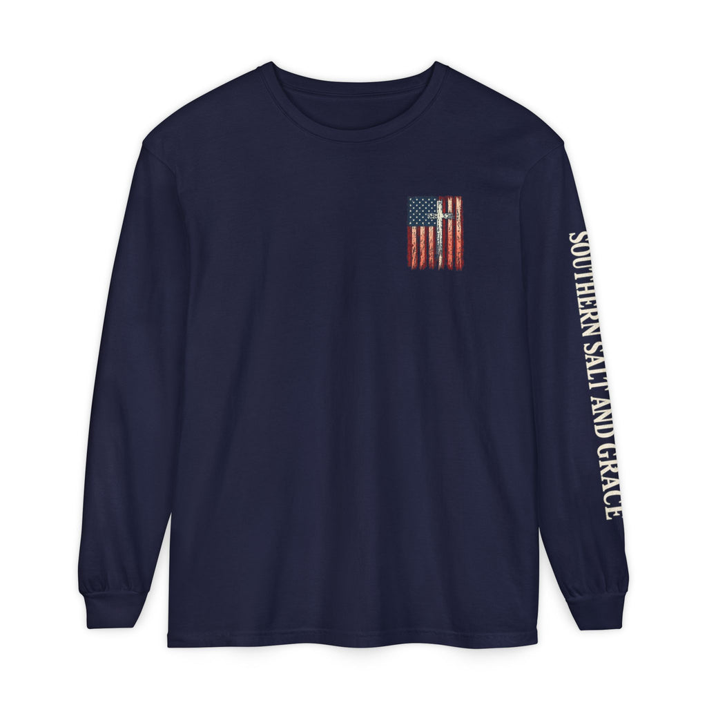 Southern Salt and Grace Long Sleeve T‑Shirt — Distressed American Flag & Cross