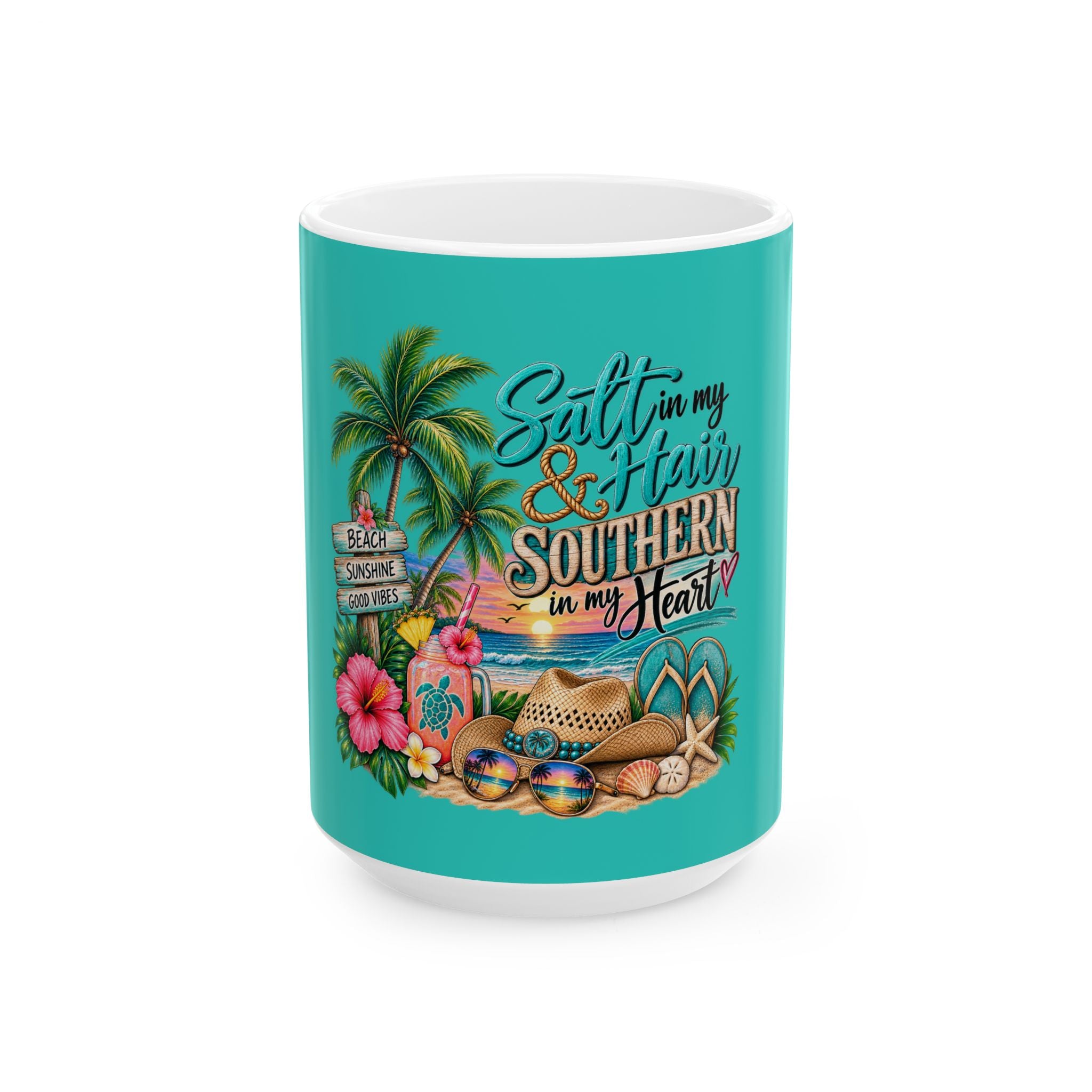 Southern in My Heart Beach Mug — Tropical Palm, Flip-Flops & Sunset Ceramic Coffee Cup (11oz/15oz)