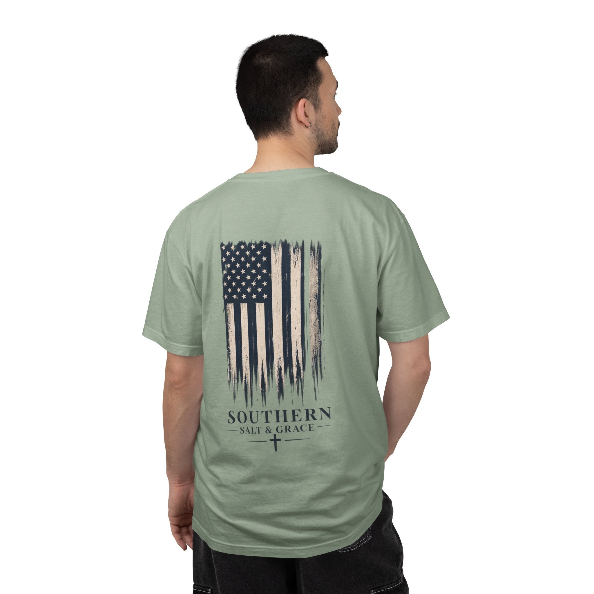 T-Shirt — 'Southern Salt & Grace' Distressed Flag Chest & Back Print