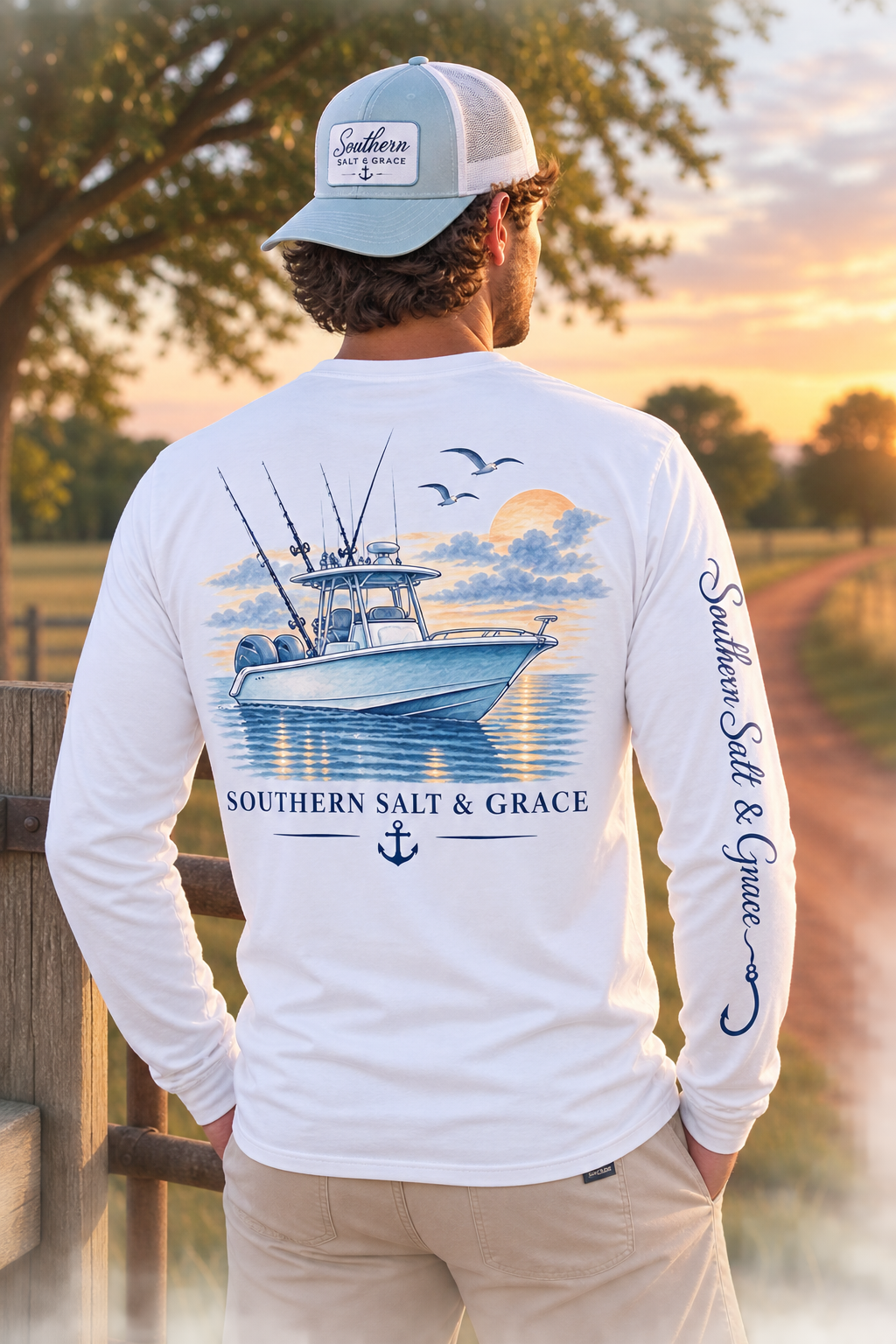 Long Sleeve Tee — 'Southern Salt & Grace' Fishing Boat Graphic