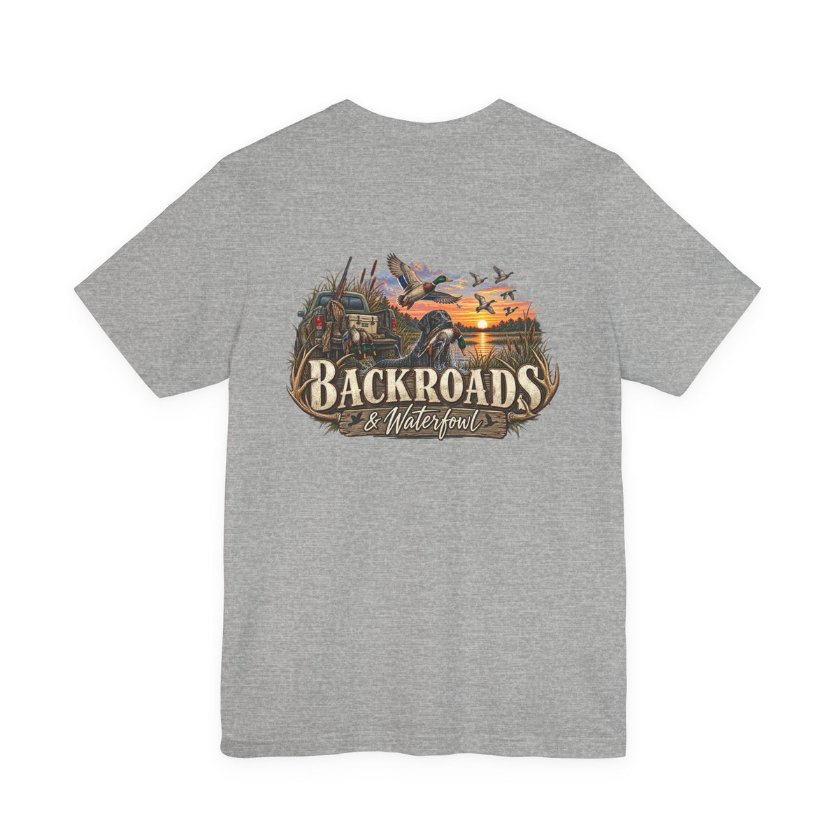 Backroads & Waterfowl Tee — Outdoor Hunting Duck Sunset Graphic T-Shirt