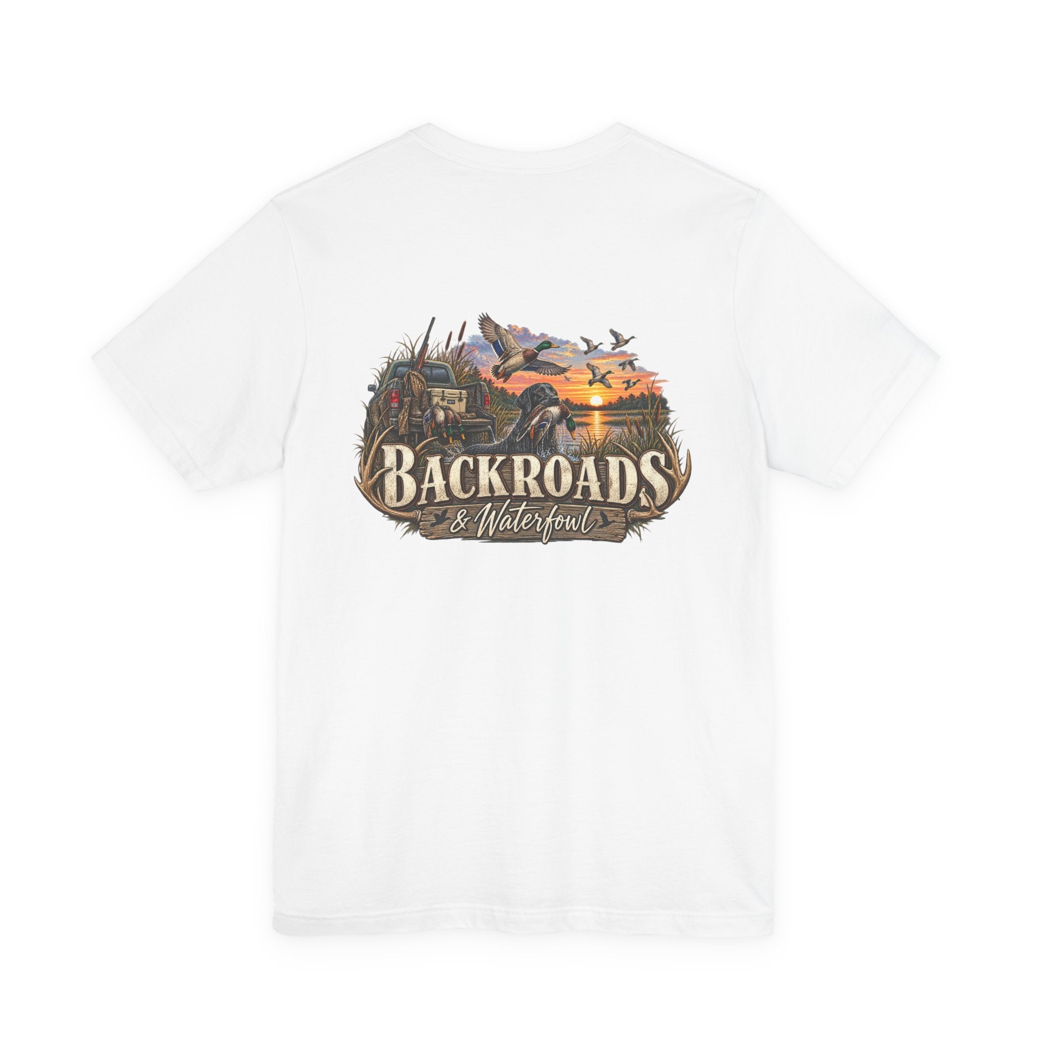 Backroads & Waterfowl Tee — Outdoor Hunting Duck Sunset Graphic T-Shirt