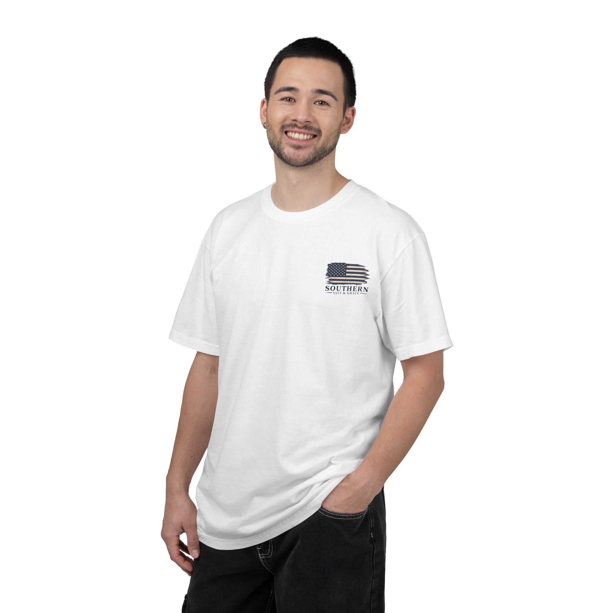 T-Shirt — 'Southern Salt & Grace' Distressed Flag Chest & Back Print