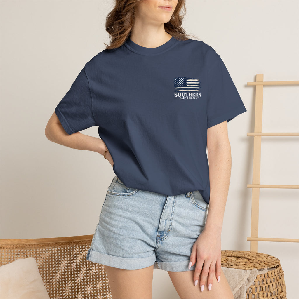 T-Shirt — 'Southern Salt & Grace' Distressed Flag Chest & Back Print