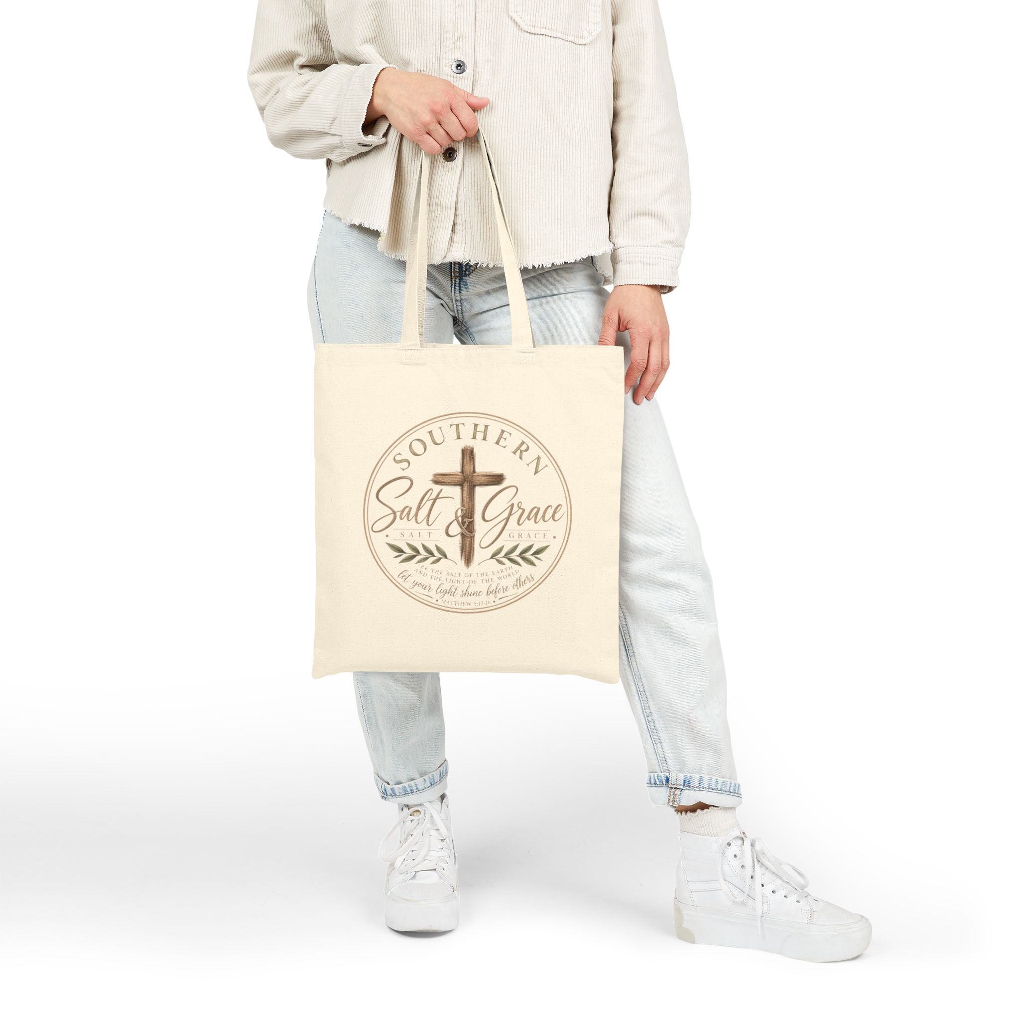 Southern Salt & Grace Canvas Tote — Christian Cross Farmhouse Grocery Bag