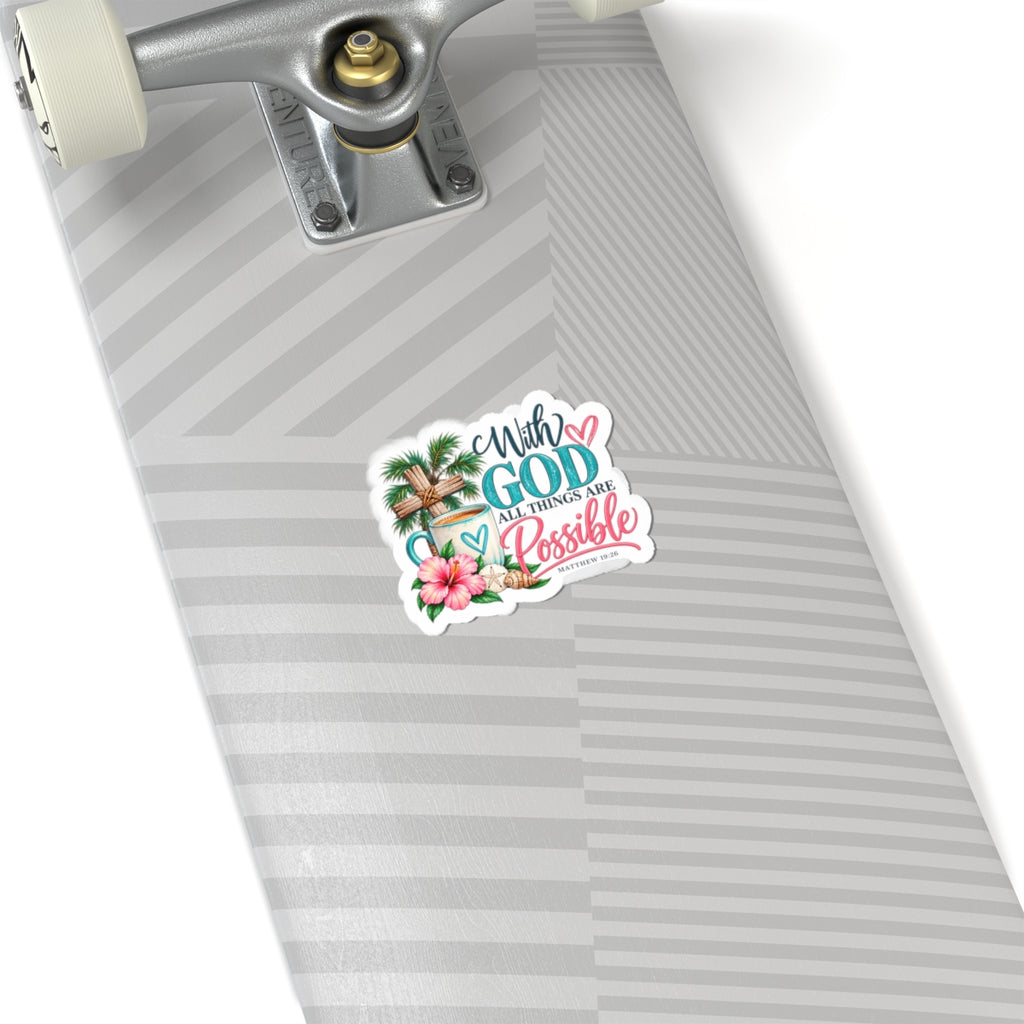 With God All Things Are Possible Christian Sticker — Tropical Cross Kiss-Cut Sticker
