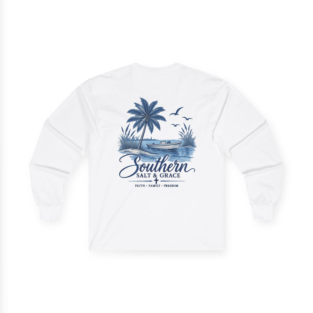 Long Sleeve Tee - "Southern Salt & Grace" Beach Palmetto Design