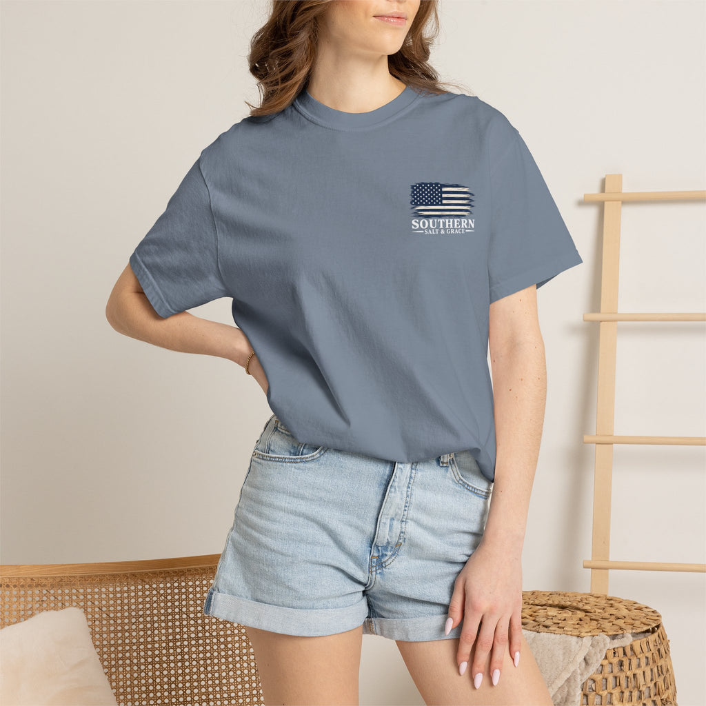 T-Shirt — 'Southern Salt & Grace' Distressed Flag Chest & Back Print