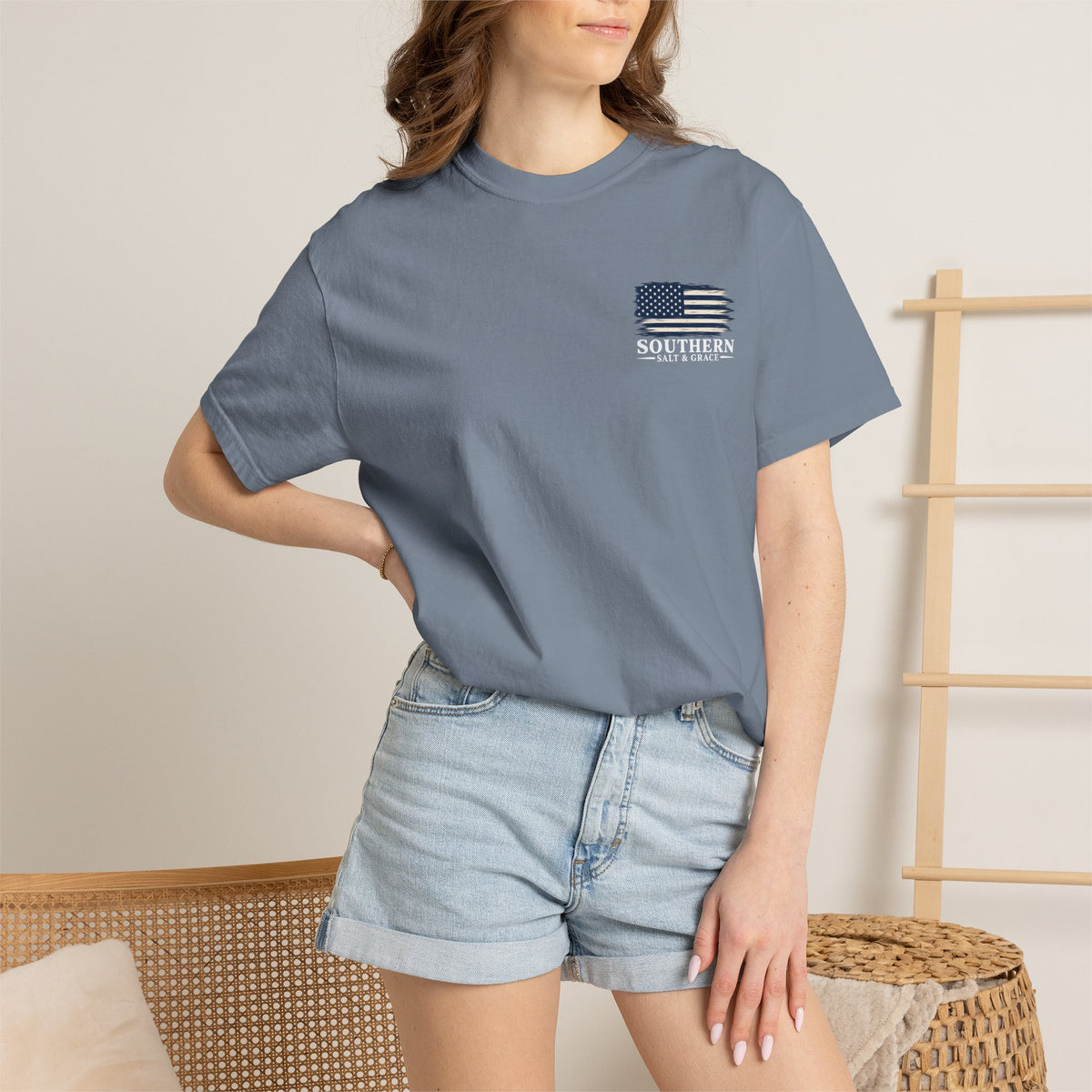 T-Shirt — 'Southern Salt & Grace' Distressed Flag Chest & Back Print