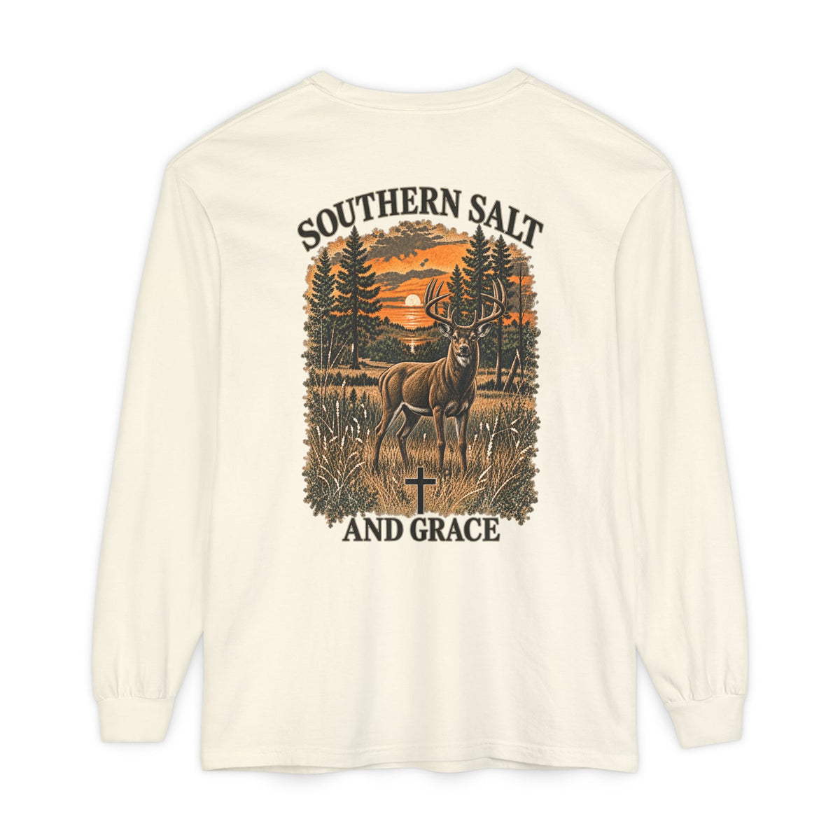 Long Sleeve T‑Shirt — 'Southern Salt and Grace' Deer Sunset Graphic