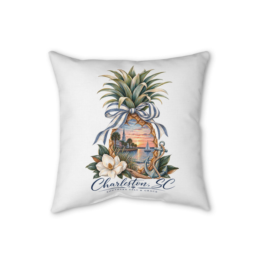Charleston SC Pineapple Coastal Pillow – Faux Linen Decorative Throw Pillow