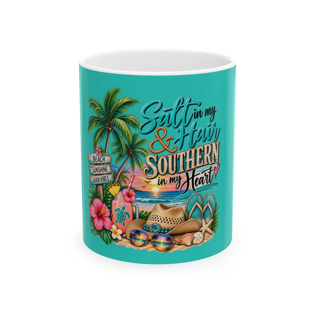 Southern in My Heart Beach Mug — Tropical Palm, Flip-Flops & Sunset Ceramic Coffee Cup (11oz/15oz)