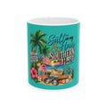Southern in My Heart Beach Mug — Tropical Palm, Flip-Flops & Sunset Ceramic Coffee Cup (11oz/15oz)