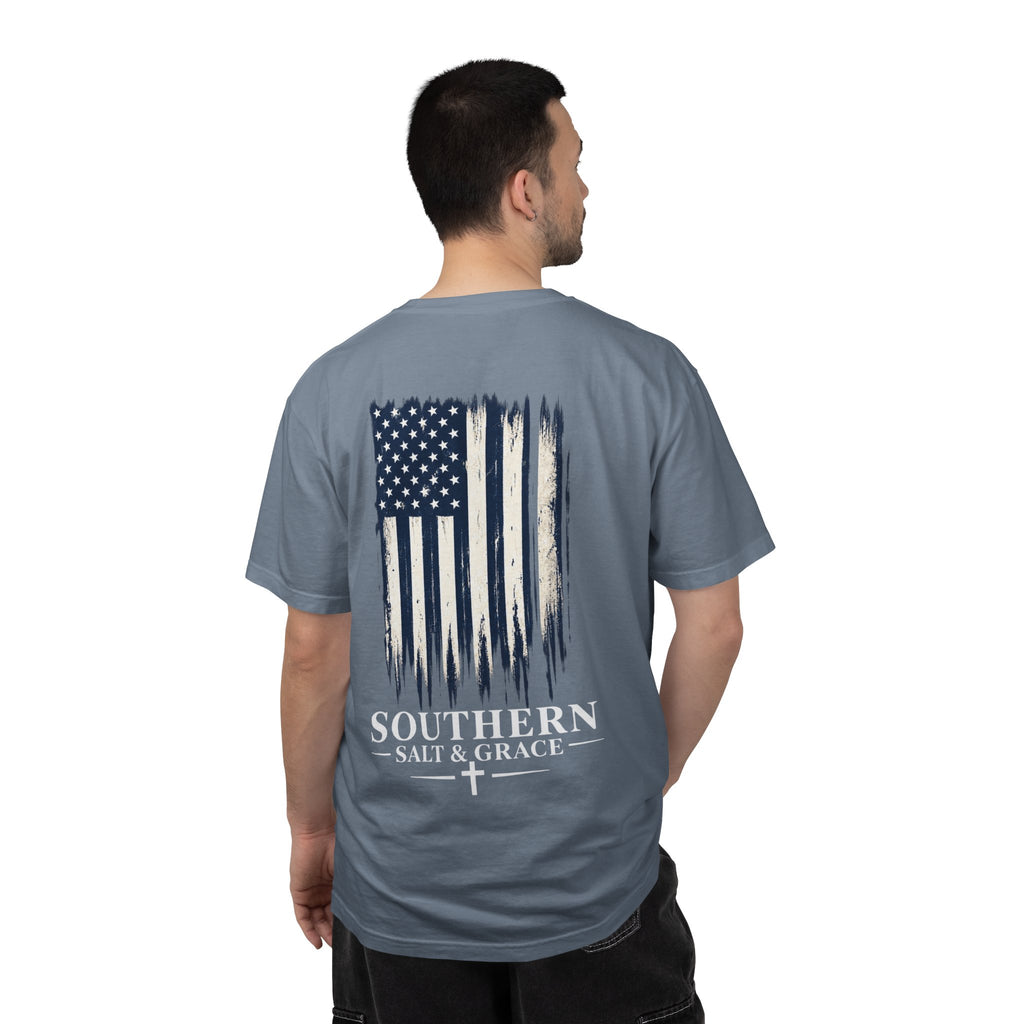 T-Shirt — 'Southern Salt & Grace' Distressed Flag Chest & Back Print