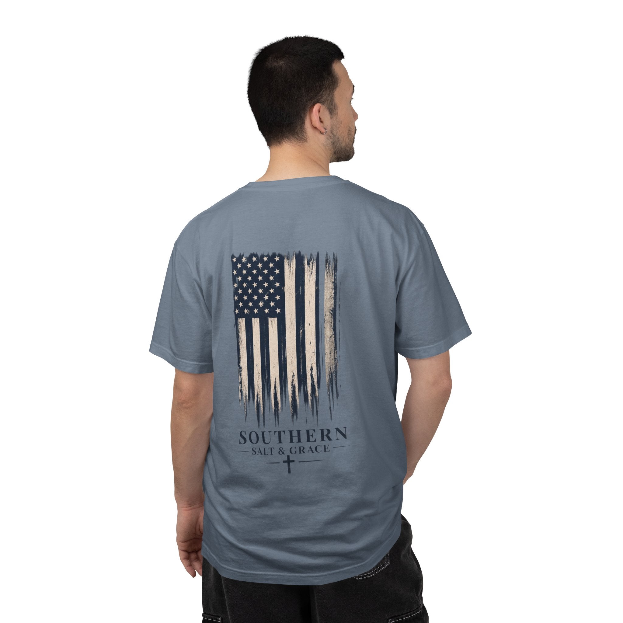 T-Shirt — 'Southern Salt & Grace' Distressed Flag Chest & Back Print