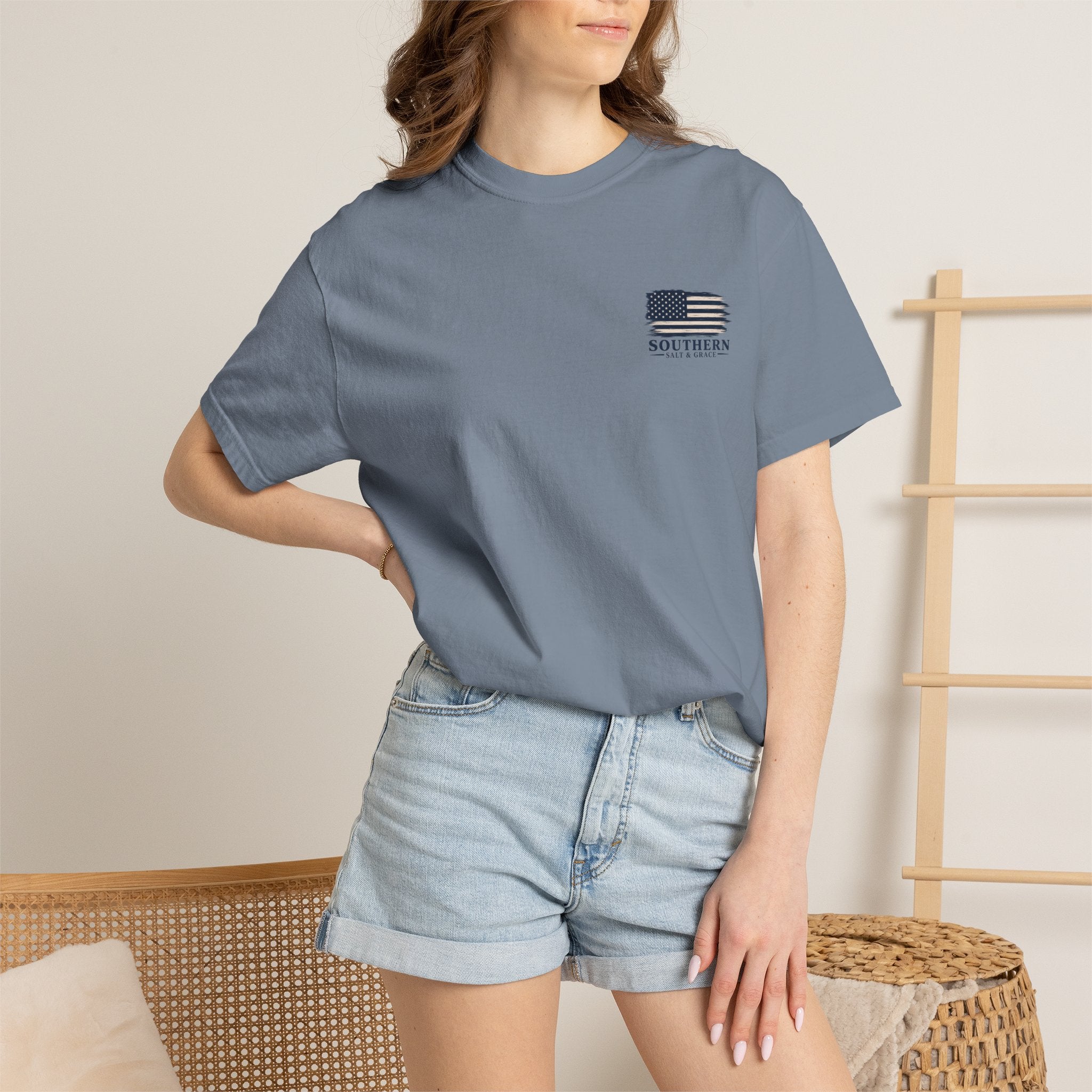 T-Shirt — 'Southern Salt & Grace' Distressed Flag Chest & Back Print